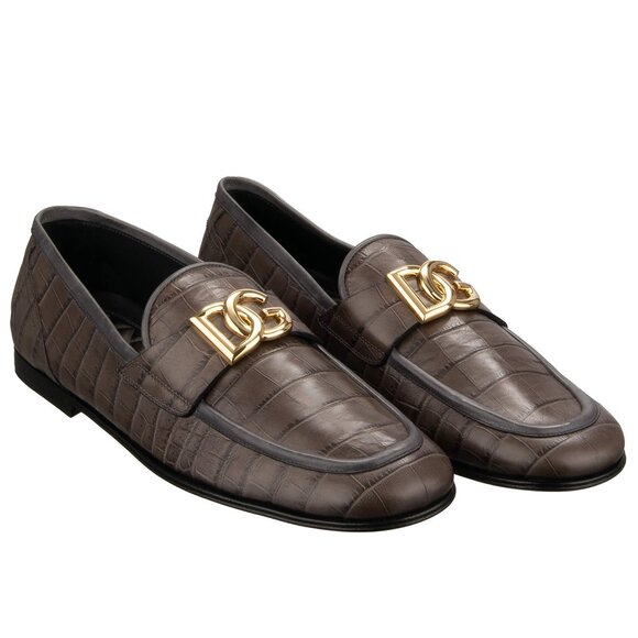 Dolce & Gabbana - DG Logo Croco Leather Shoes Loafer Moccasins Gray 43 UK 9 US 1 - Picture 1 of 5